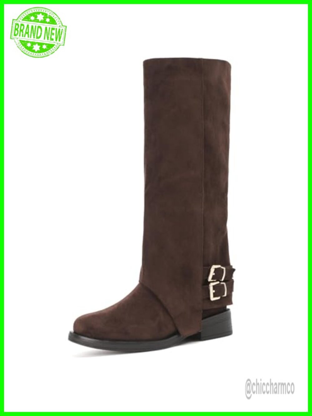 Women's Faux Suede Knee High Boots Fold Over Flat Round Toe Slouch